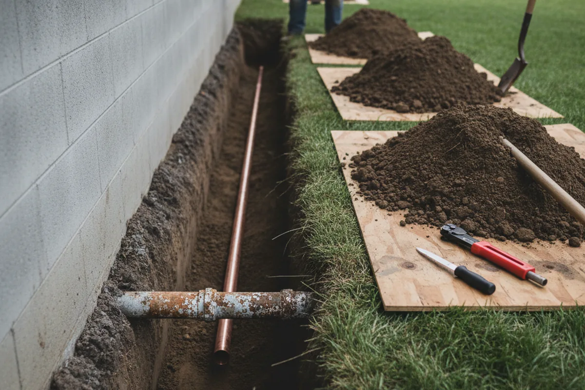 Excavated water line trench during Water Heater Repair in Dundalk